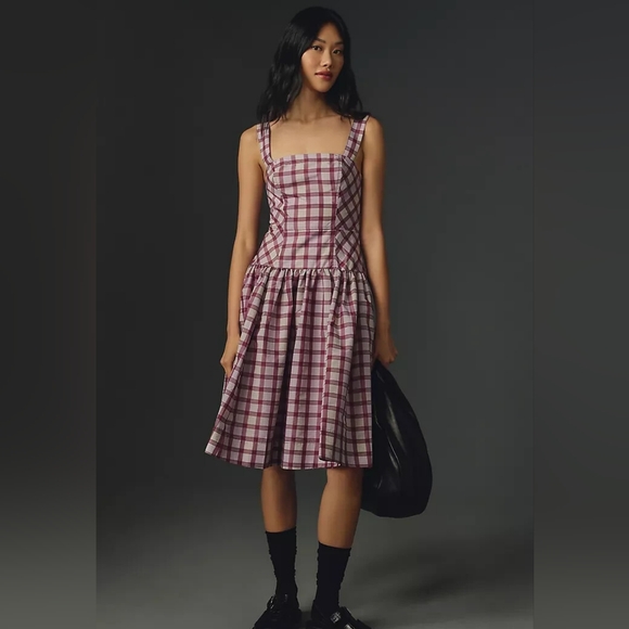 Anthropologie Maeve Plaid Square Neck Drop Waist Midi Dress Size 10 M - Picture 1 of 9